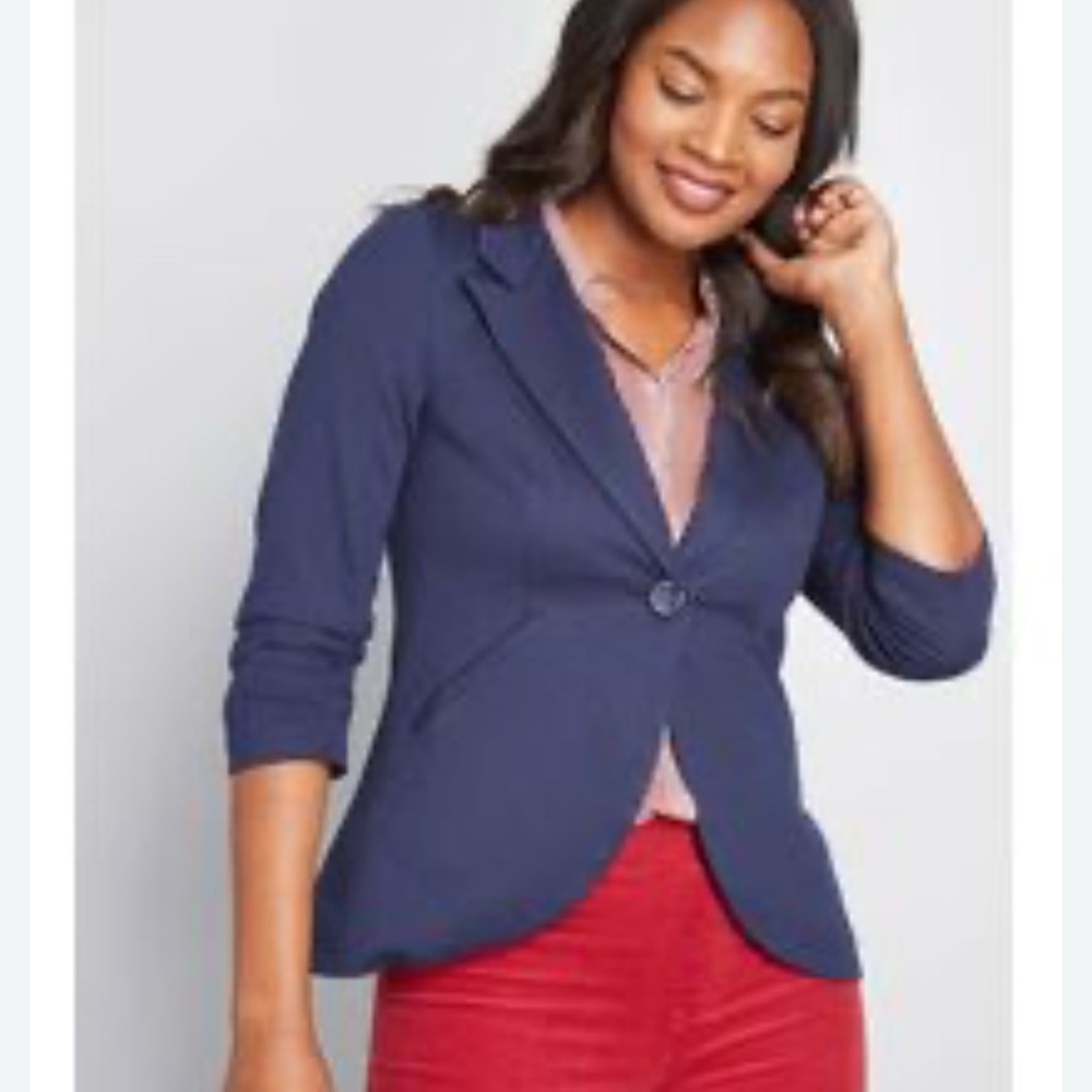 MODCLOTH fine and sandy NAVY ONE BUTTON‎ soft BLAZER JACKET large - Picture 2 of 14